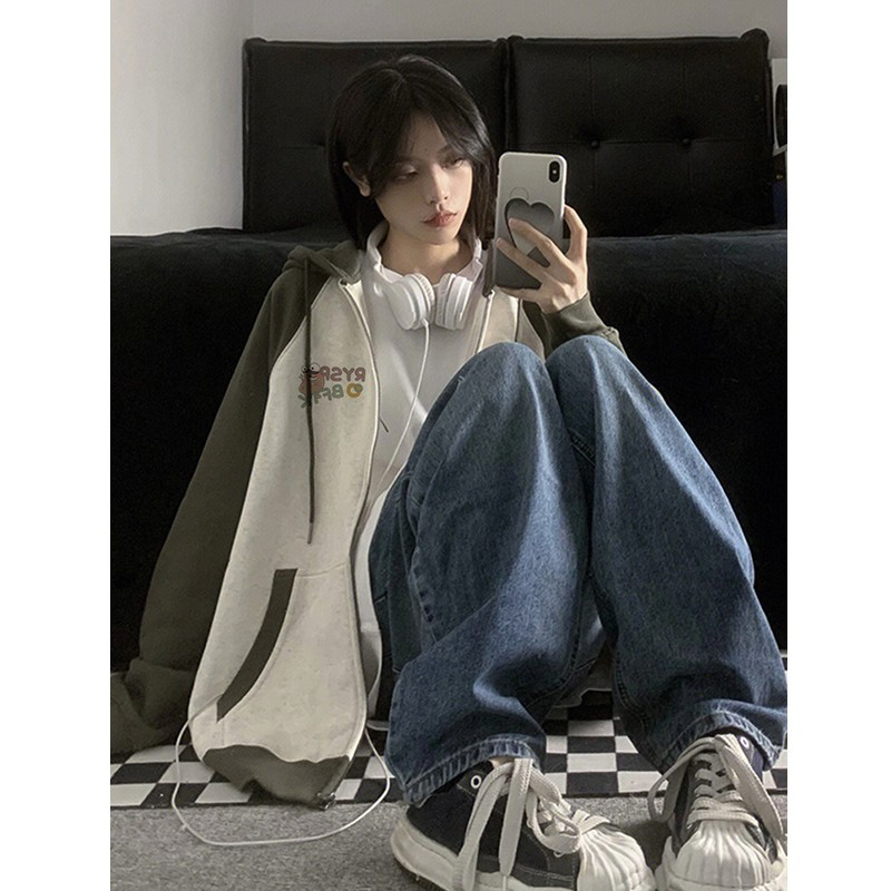 小众设计感插肩连帽开衫卫衣女秋季新款拼接撞色长袖加绒外套上衣