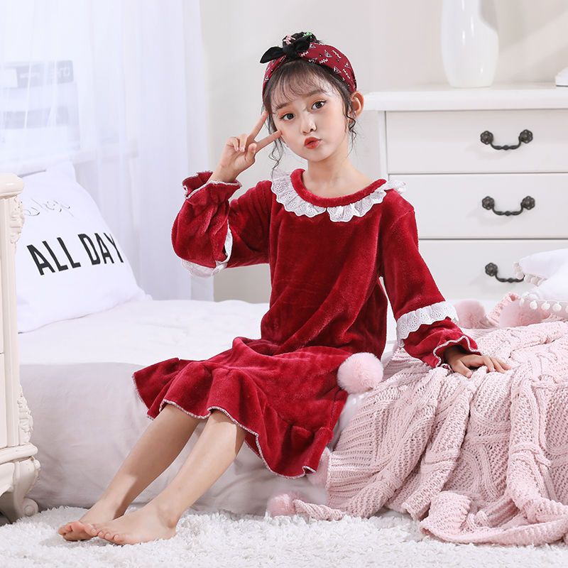 儿童睡衣女秋冬季加厚中大童睡衣女童裙可爱家居服长袖女孩