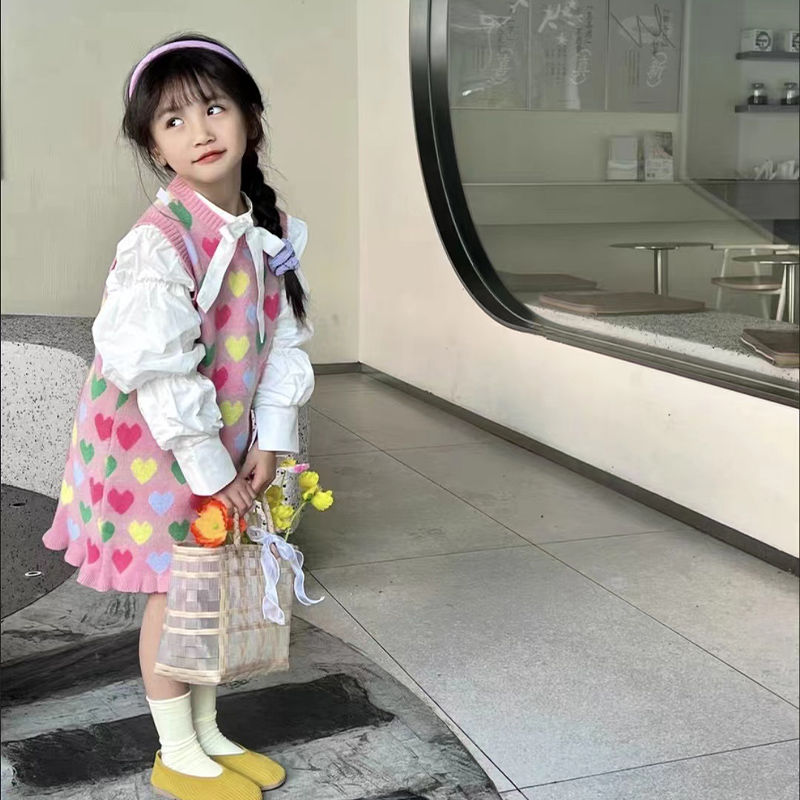 2023秋冬季新款韩版女童泡泡袖蝴蝶结衬衫爱心针织公主裙两件儿童