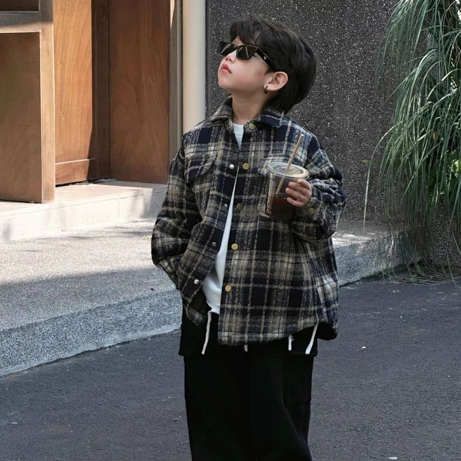 童装男童夹棉保暖冬装2023新款中大童棉服儿童洋派格子宽松外套