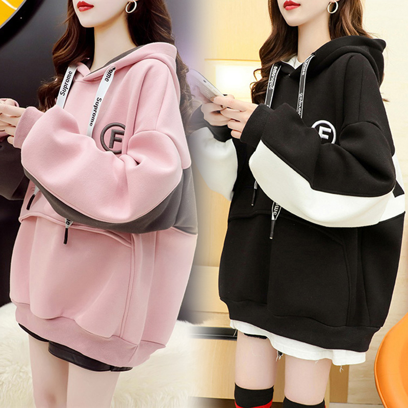 加绒加厚连帽卫衣女2023秋冬新款宽松中长款设计感减龄外套小个子