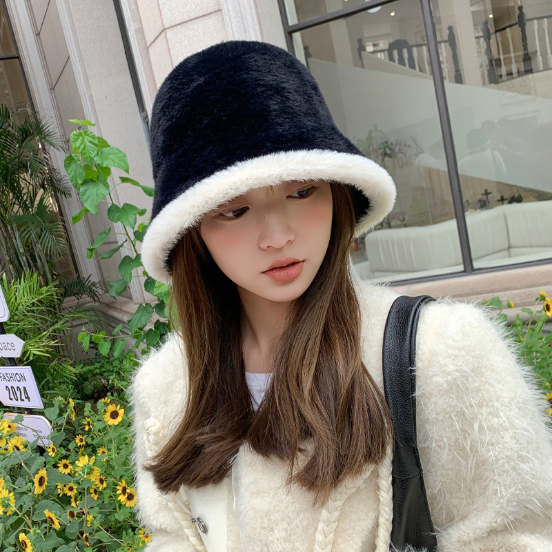 韩版秋冬兔毛帽子女显脸小毛毛渔夫帽百搭防寒保暖盆帽毛绒水桶帽