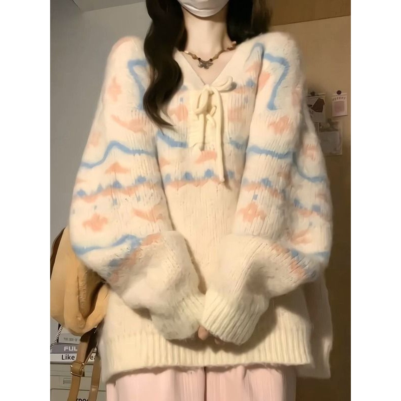 300斤超大码胖mm软糯温柔风V领毛衣女系带秋冬慵懒风套头外穿上衣