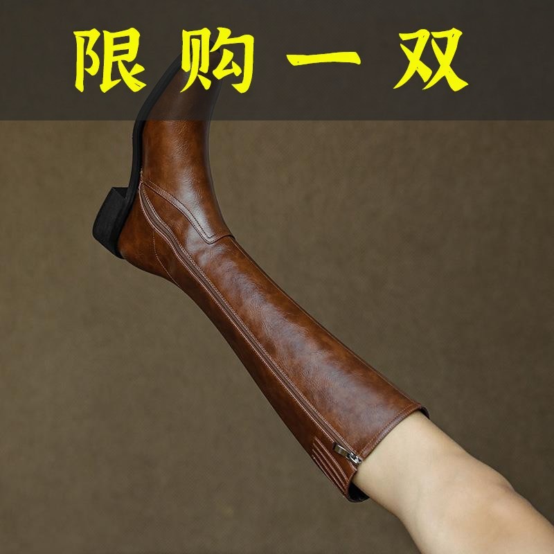 红蜻蜓牌手工真皮~显瘦百搭！不过膝高筒靴子女秋冬季复古长靴