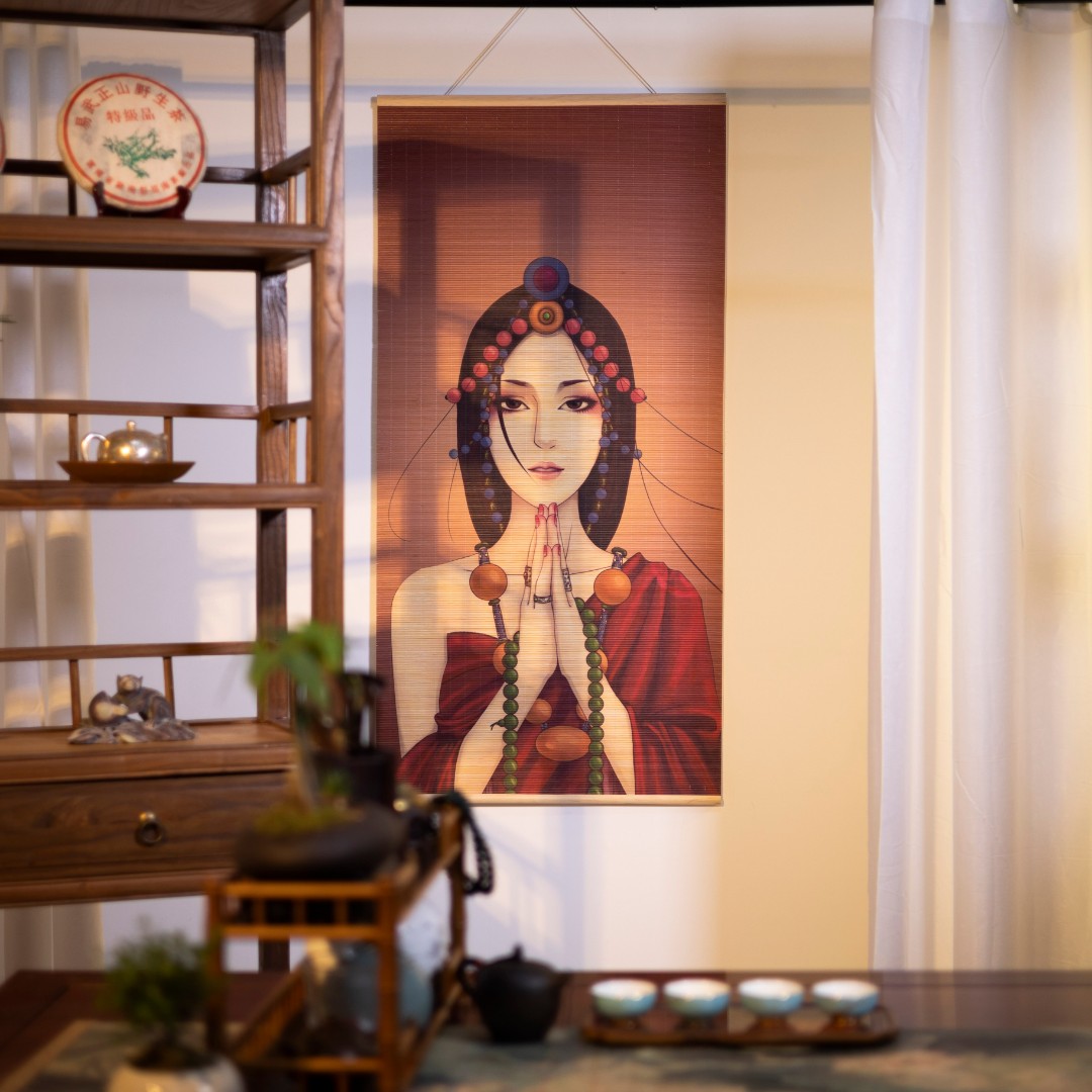 【虔诚/祝福藏女图】新中式竹帘装饰复古国风茶室客厅玄关挂画