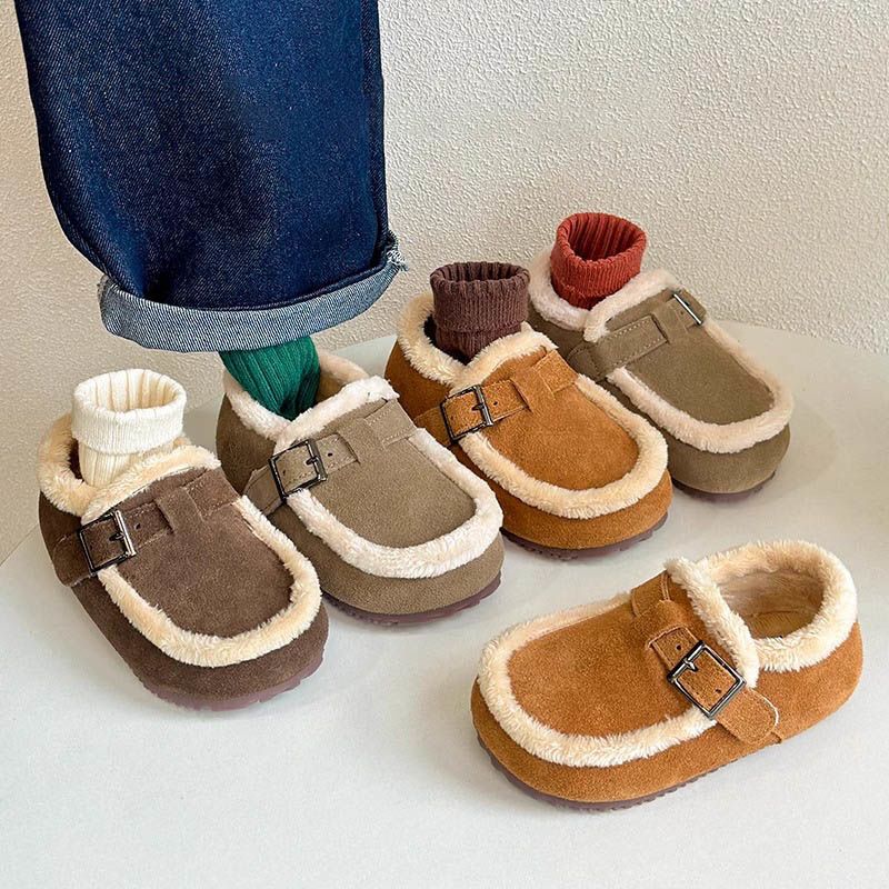韩版儿童加绒豆豆鞋2023冬季新款男童棉鞋磨砂皮面女童保暖毛毛鞋