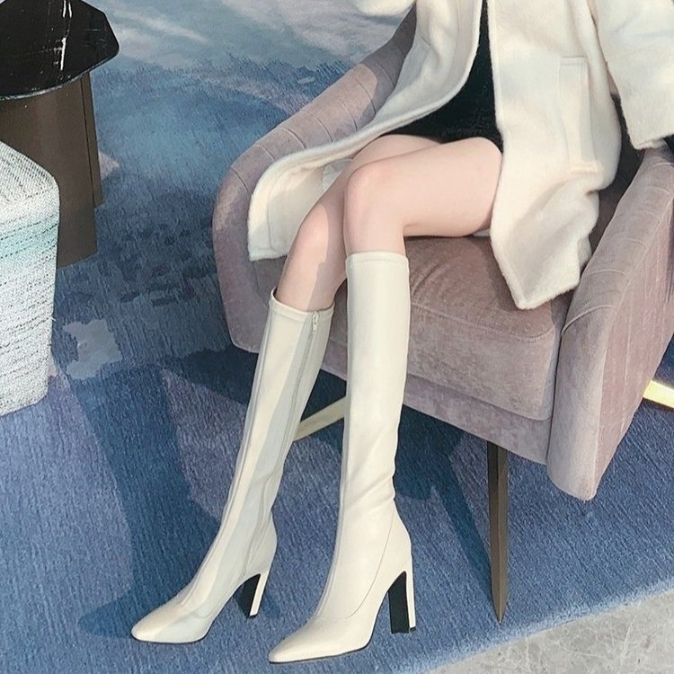 红蜻蜓牌白色长靴女爆款2023年新款秋冬高筒高跟鞋长筒靴方头粗跟