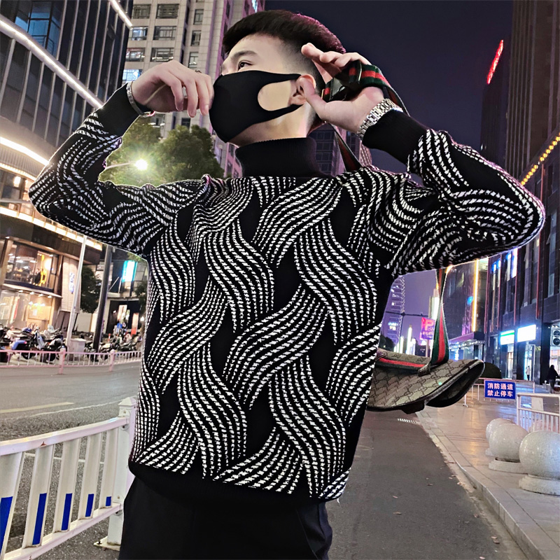 高领毛衣男士秋冬款潮牌菱形痞帅修身打底衫2023爆款加厚针织衫男