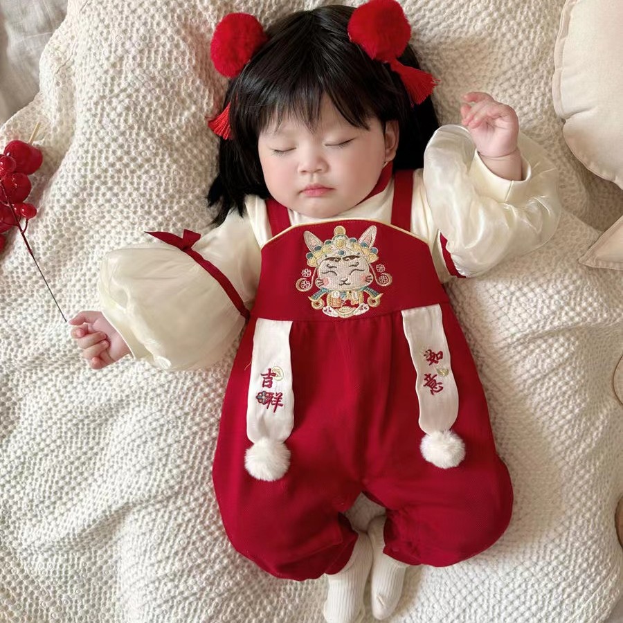 婴儿汉服连体衣女宝宝满月百天抓周衣服新年唐装薄款春秋装中国风