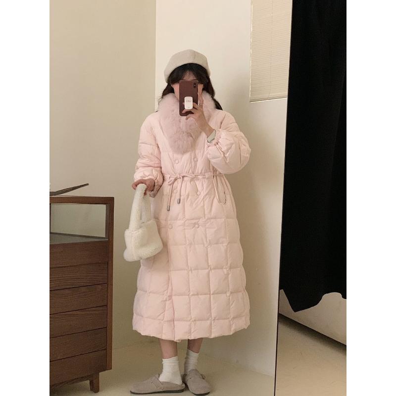 2023年冬季新韩版羽绒服女磁吸网红款领中长款系带收腰过膝外套