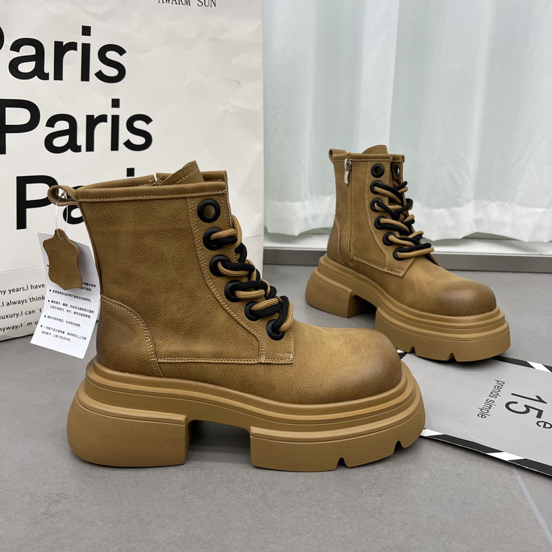 潮流马丁靴2023秋季新款复古厚底擦色百搭圆头短筒机车靴子女时尚