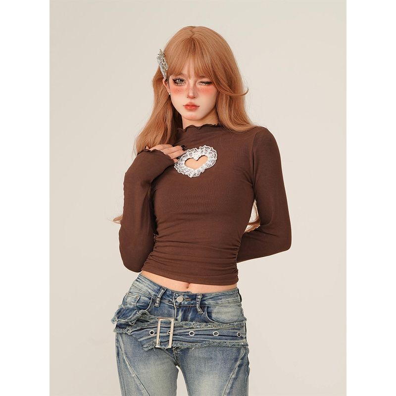 甜心邂逅 甜美少女风镂空爱心蕾丝独特别致长袖打底秋冬新款上衣