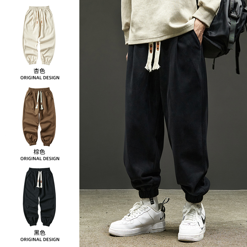 潮牌加绒加厚运动裤男士秋冬新款美式百搭宽松束脚卫裤休闲工装裤