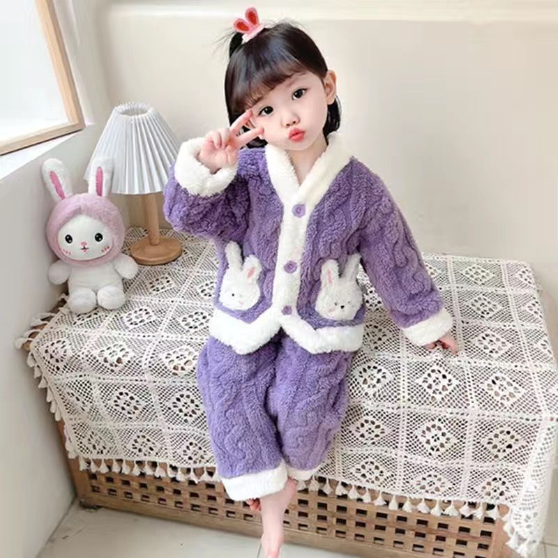 巴拉甄选女童加绒加厚睡衣套装2023秋冬款法兰绒冬季女孩宝宝珊瑚