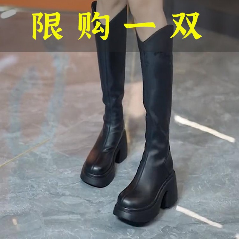百丽纯爱厚底粗跟长筒靴秋冬V口不过膝长靴骑士靴【孟影5】