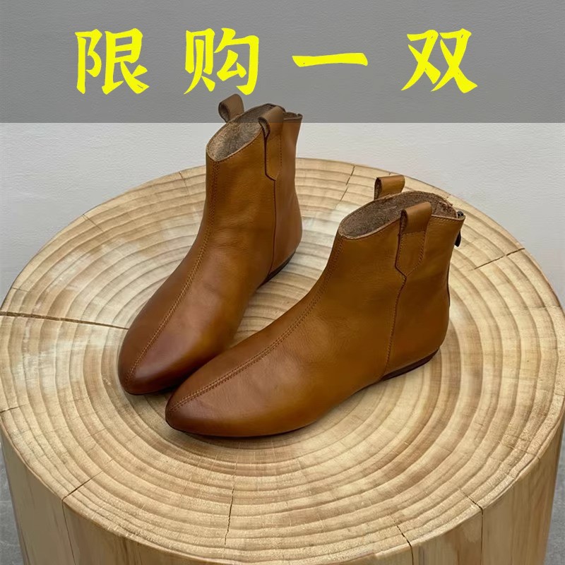 百丽纯爱复古尖头短靴女真皮休闲女靴短筒时尚软底平底中筒切尔