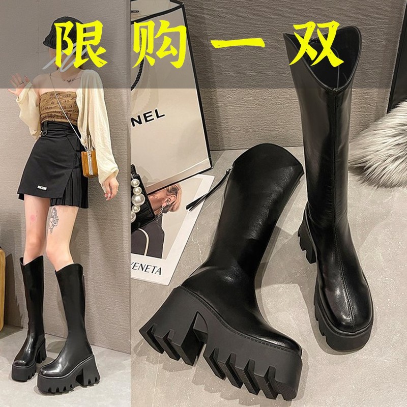 百丽纯爱小个子厚底及膝靴女松糕马丁靴2023年四季瘦瘦靴超高跟