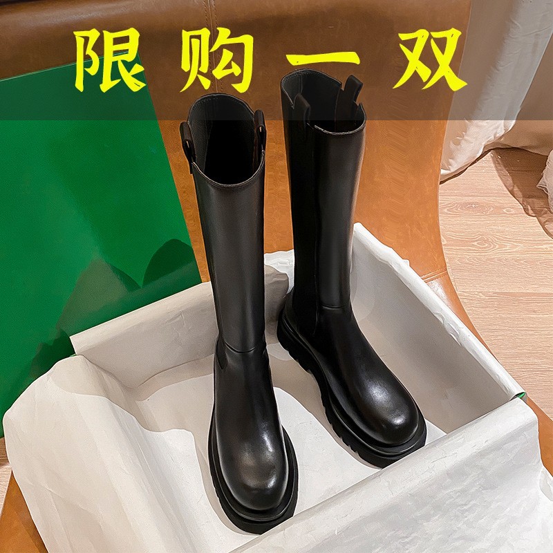 百丽纯爱牛皮版2023新款秋冬显瘦真皮骑士靴女厚底长筒靴不过膝