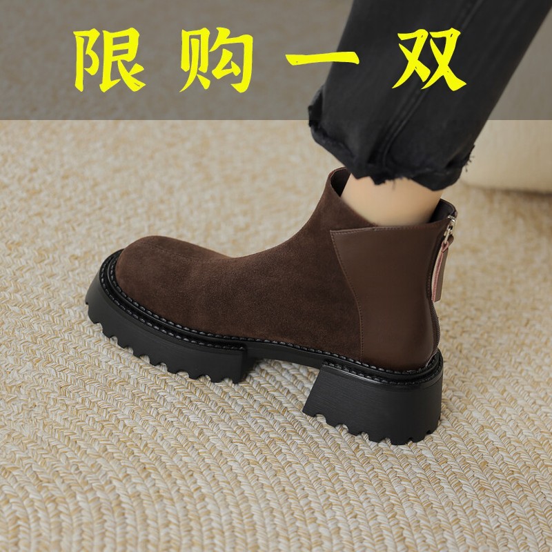 百丽纯爱4.5cm跟高/羊皮厚底短靴女英伦风百搭圆头短筒切尔西靴