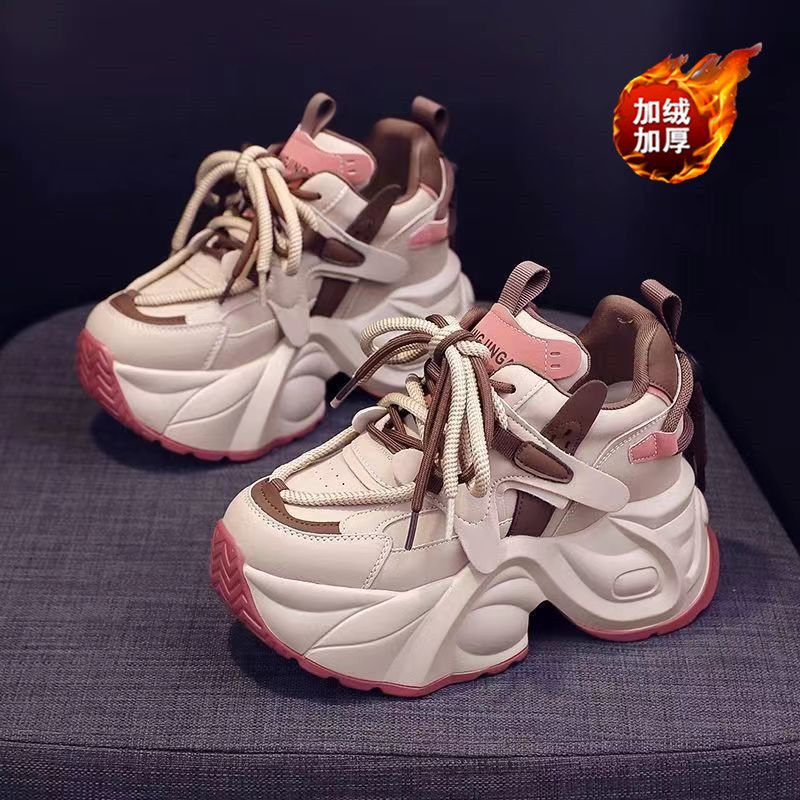 红蜻蜓牌加绒内增高运动鞋女2023新款冬季欧洲站老爹鞋小