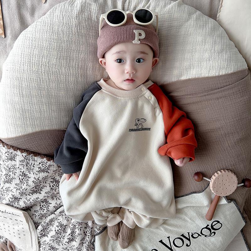 婴儿撞色加绒哈衣连体衣服秋冬季款装百天宝宝超萌洋气外出穿韩OV