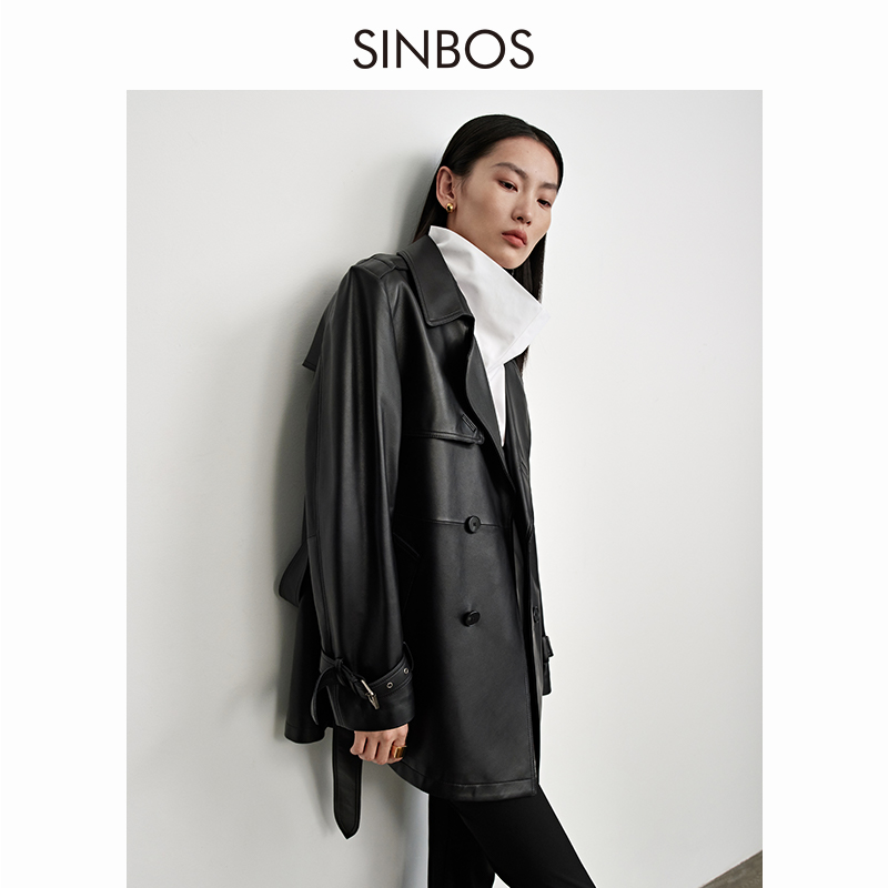 SINBOS西装领真皮外套女士2023秋季新款绵羊皮束腰大衣SF3D10148