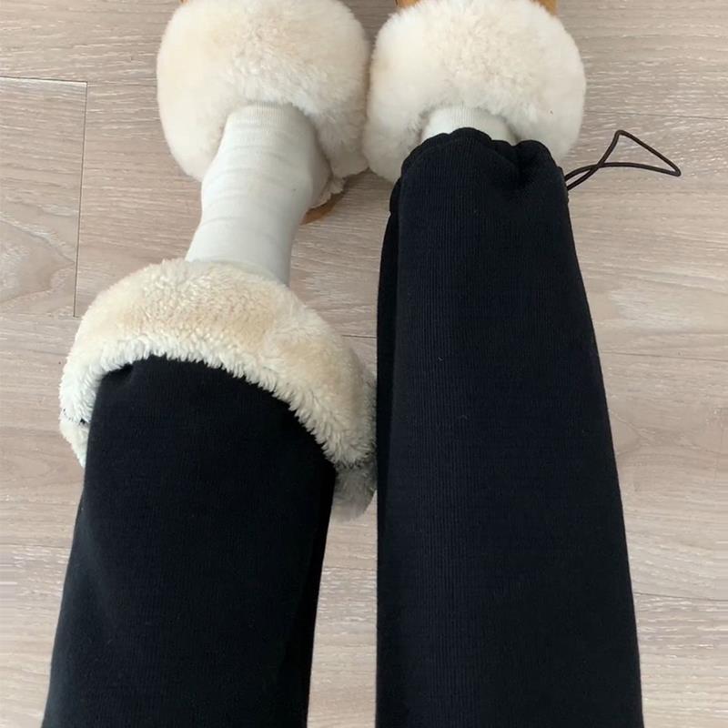 黑色羊羔绒运动裤女秋冬2023新款美式阔腿棉裤小个子休闲加绒卫裤