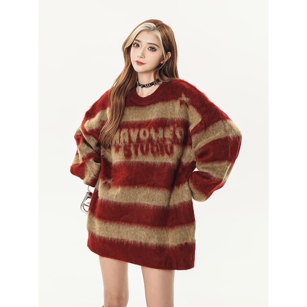 美式古着条纹水貂毛衣女2023新款爆款秋冬季情侣慵懒外穿针织上衣