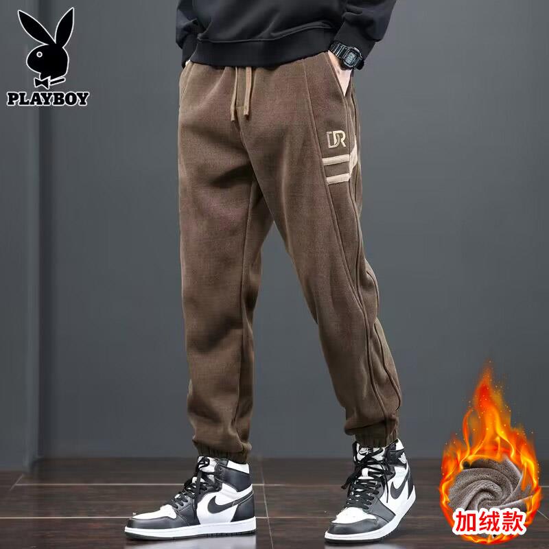 PLAYBOY秋冬季加绒休闲裤男士卫裤新款潮牌帅气运动束脚长裤子男