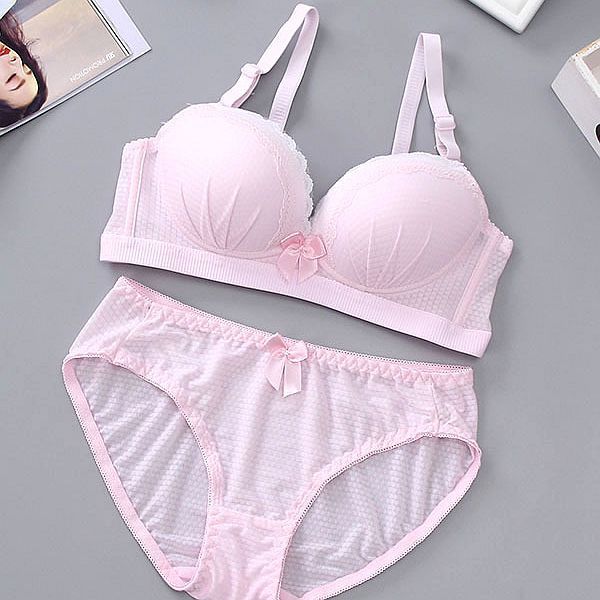 【文胸套装】秋常规款少女无钢圈文胸送内裤蕾丝花边性感聚拢胸罩