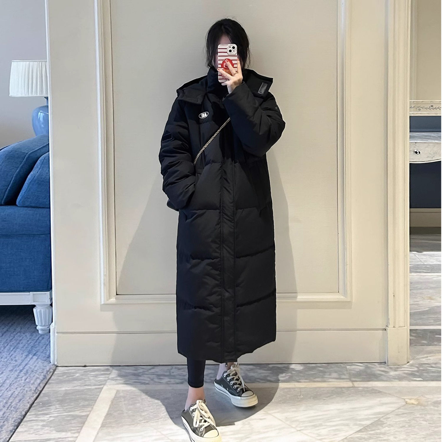 波司豋韩版直筒长款羽绒服服女宽松保暖连帽过膝工装防风冬装棉衣