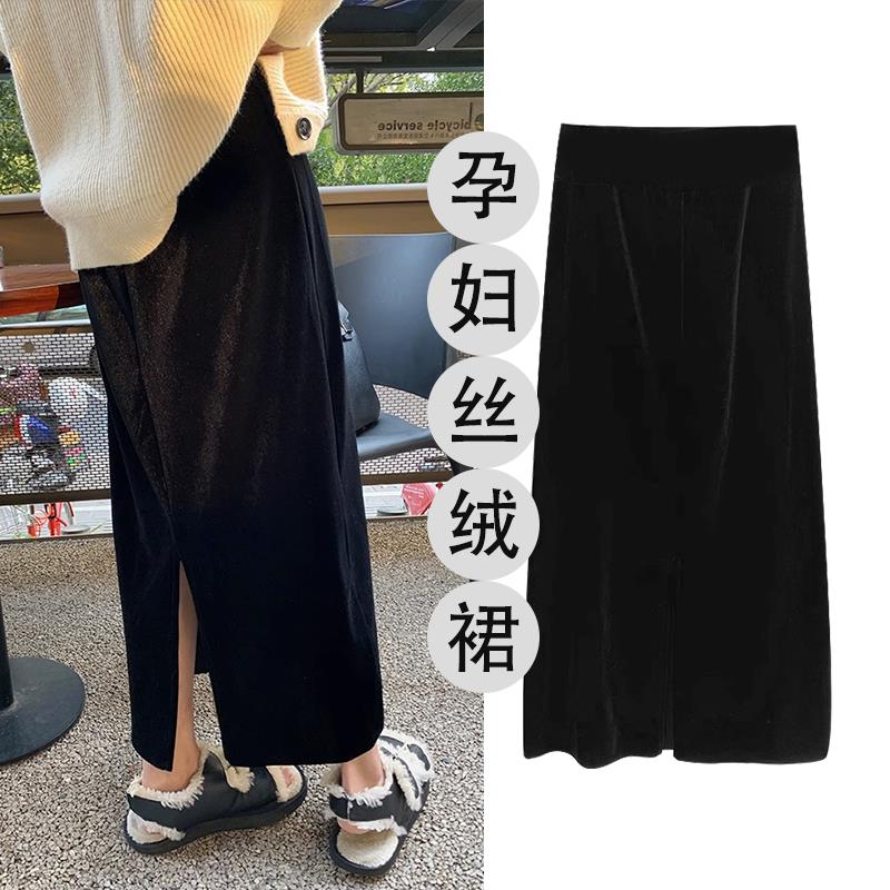 秋冬季丝绒开叉孕妇复古a字裙半身裙宽松托腹长裙