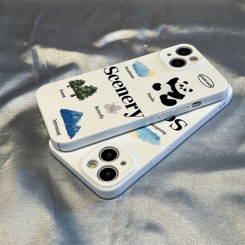 菲林熊猫英文雪山插画苹果14手机壳iphone13全包12/11/7/8x菲林壳