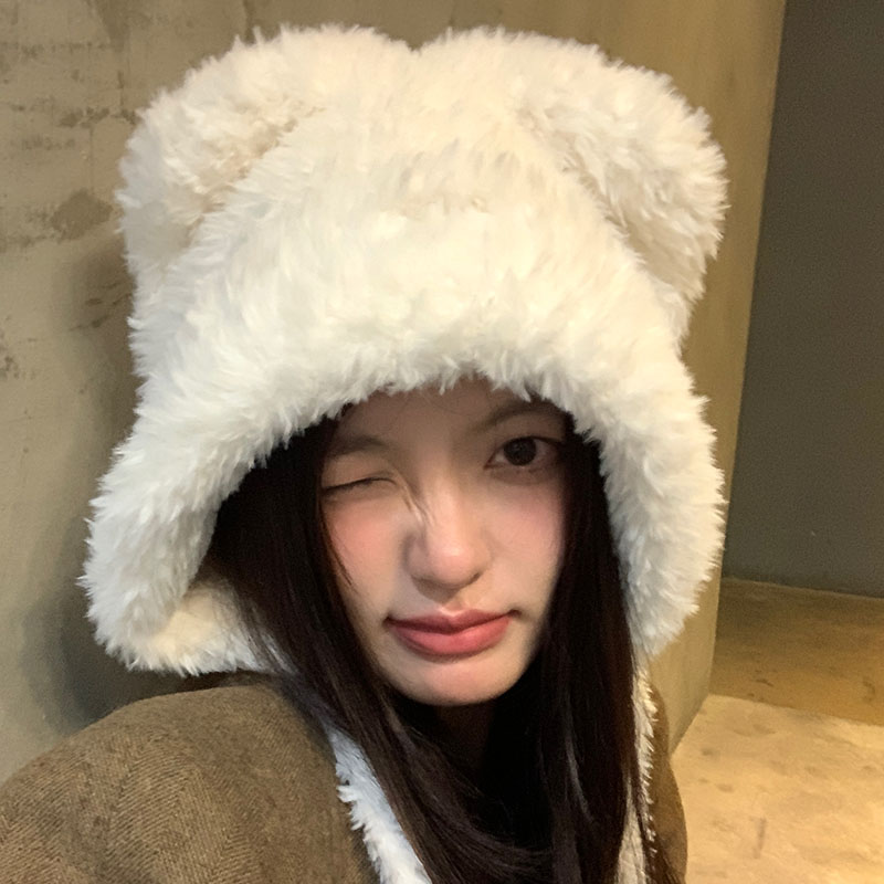 可爱毛绒绒小熊耳朵帽子女秋冬骑车加绒保暖护耳大头围雷锋帽学生