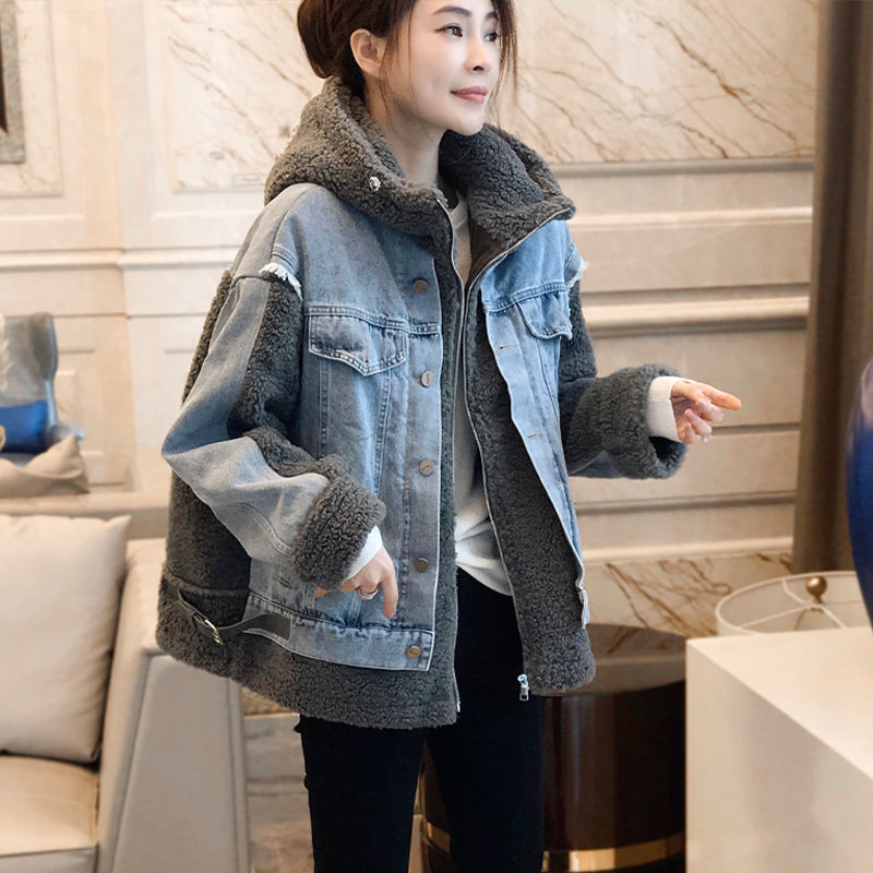 加绒牛仔外套女2023秋冬季新款宽松短款连帽棉衣加厚上衣服