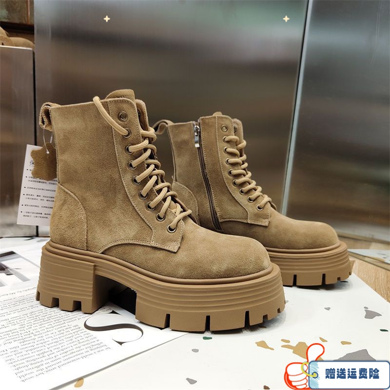 红蜻蜓牌厚底马丁靴女2023秋季圆头粗跟增高显瘦网红短筒机车靴子