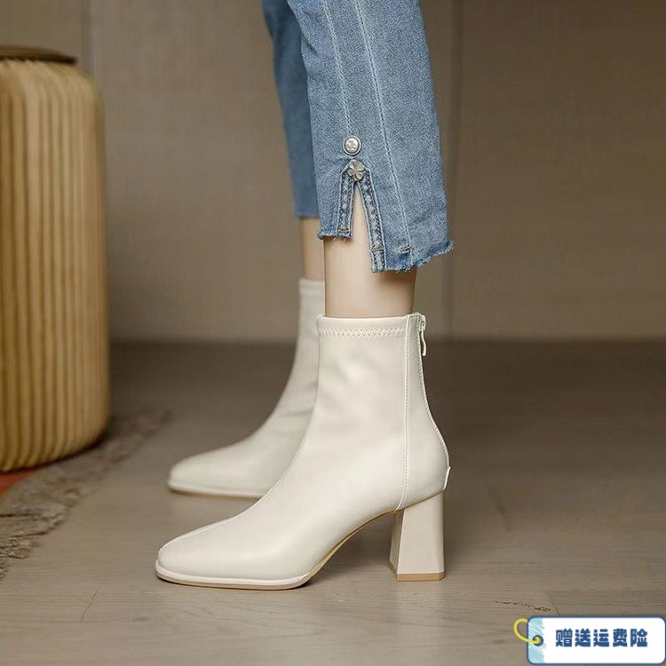 红蜻蜓牌2023新款秋冬短靴女爆款软皮瘦瘦靴子后拉链方头粗跟皮靴