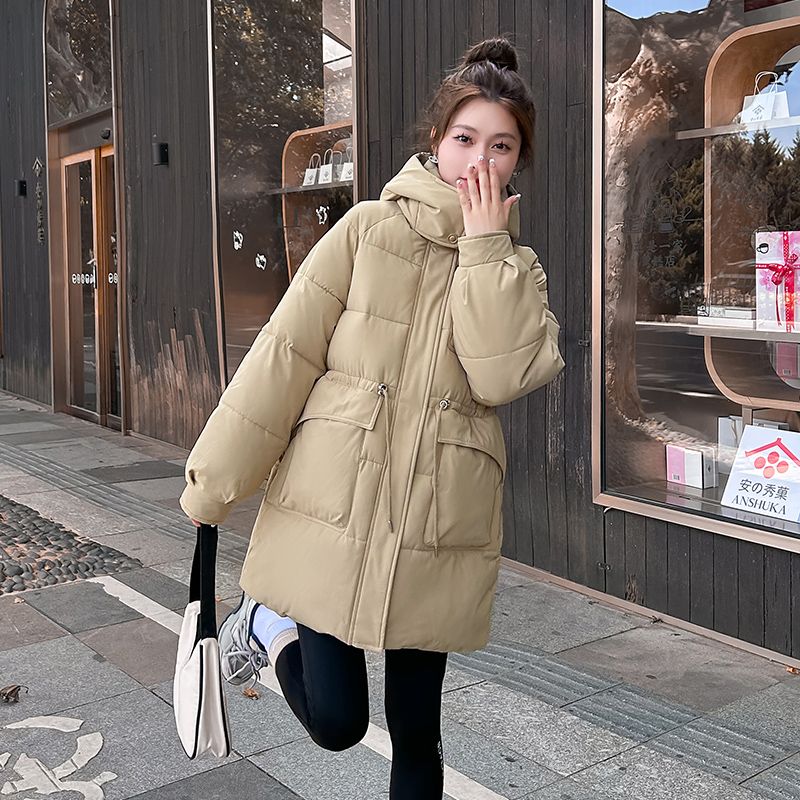 爆款豋外贸高档连帽中长款羽绒羽绒收腰高端小个子女装加厚外套