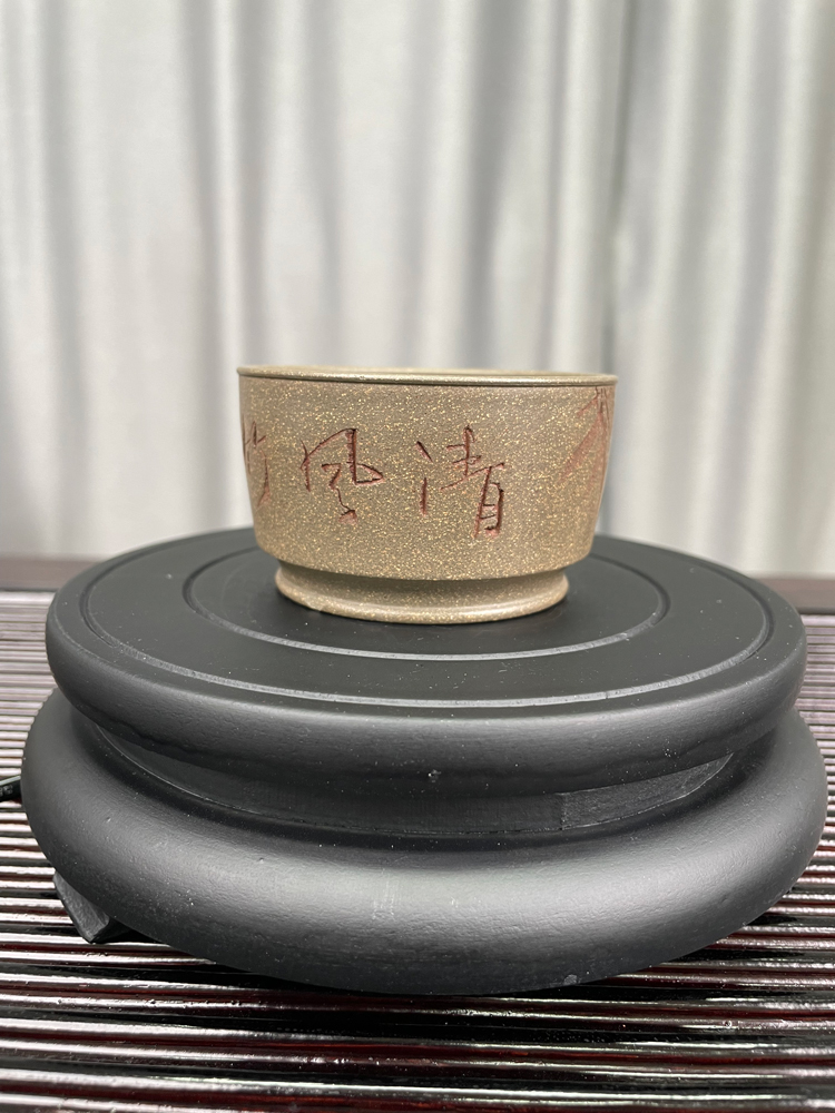 宜兴原矿紫砂全手工刻绘蟹壳青直口杯 品茗杯家用主人杯容量100cc