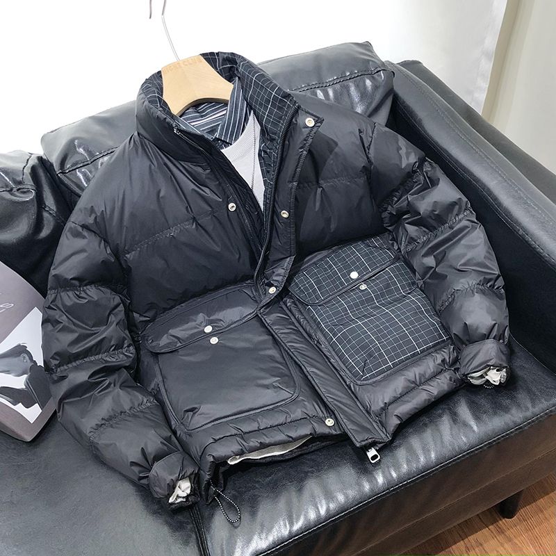 鸭鸭新款冬季立领羽绒服男白鸭绒加厚外套休闲时尚个性大口袋拼接