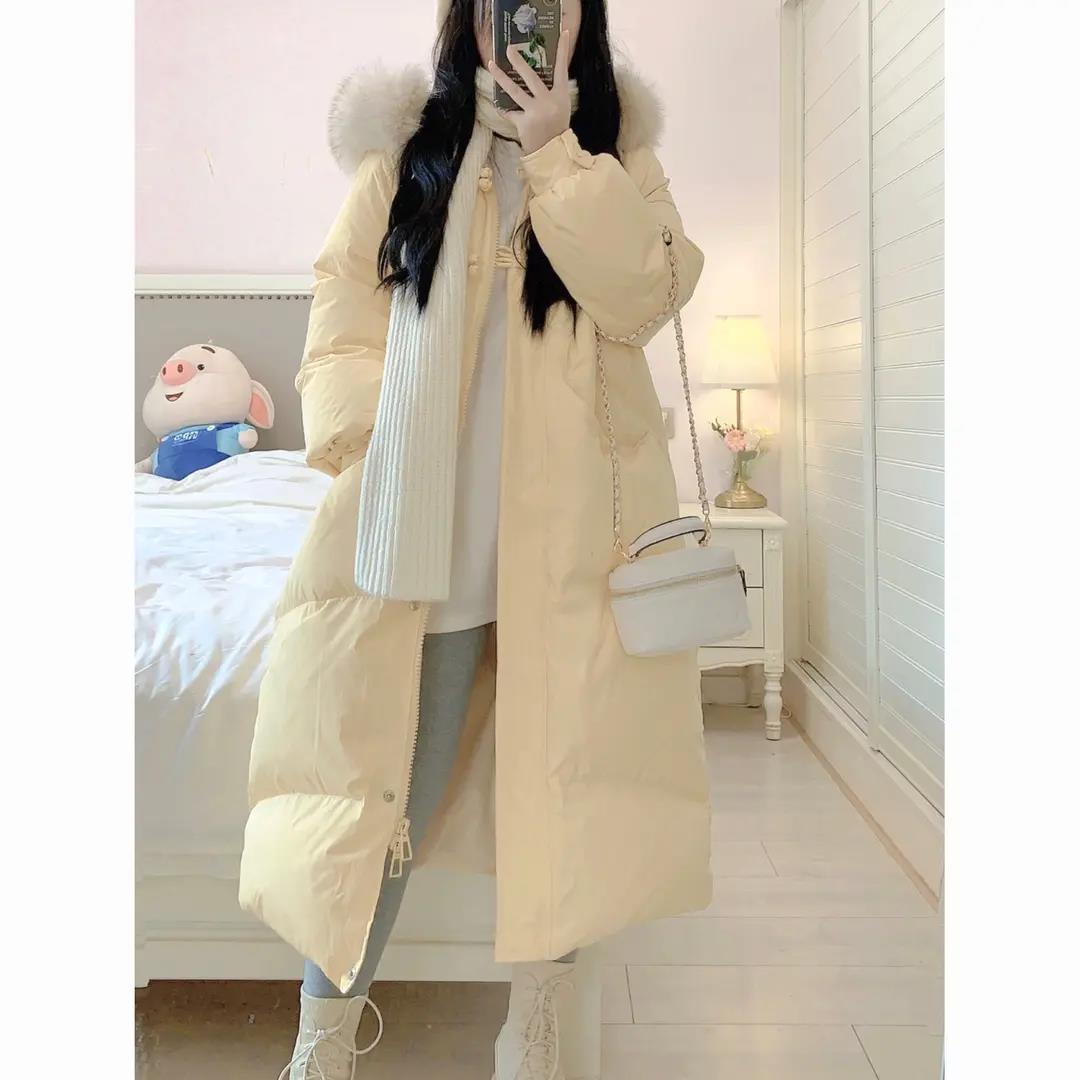 波司澄羽绒服女中长款韩版宽松2023新款羽绒衣外套冬季加厚杏色连