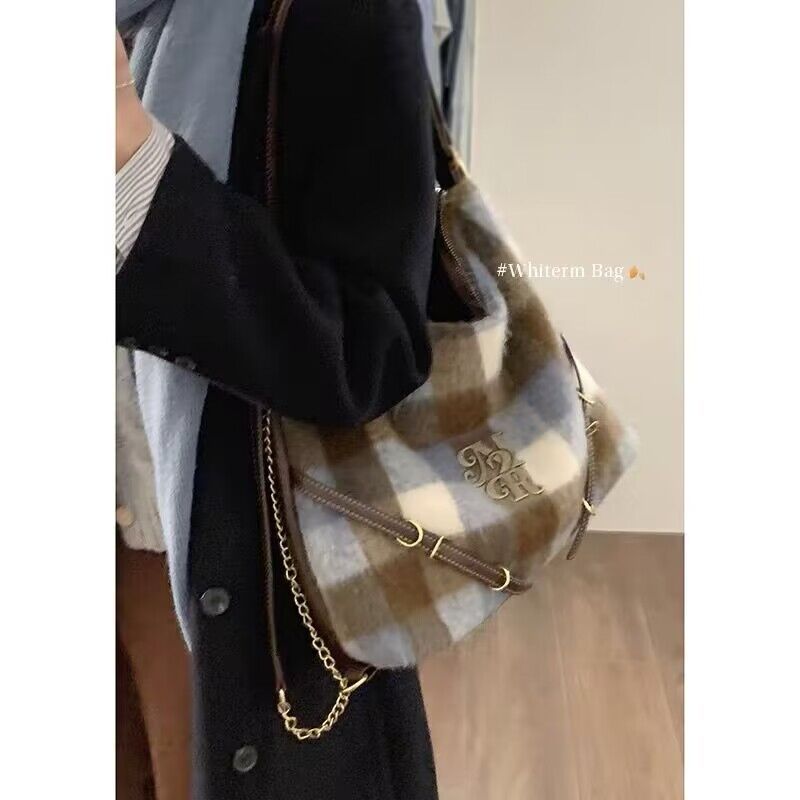 复古学院风双肩包包女秋冬2023新款潮毛呢格子托特包百搭大容量包