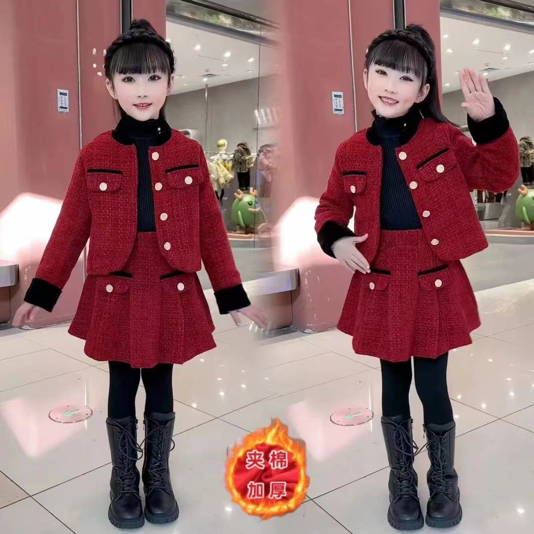 女童2024套装秋冬装儿童洋气新款香风红色百褶裙外套两件套