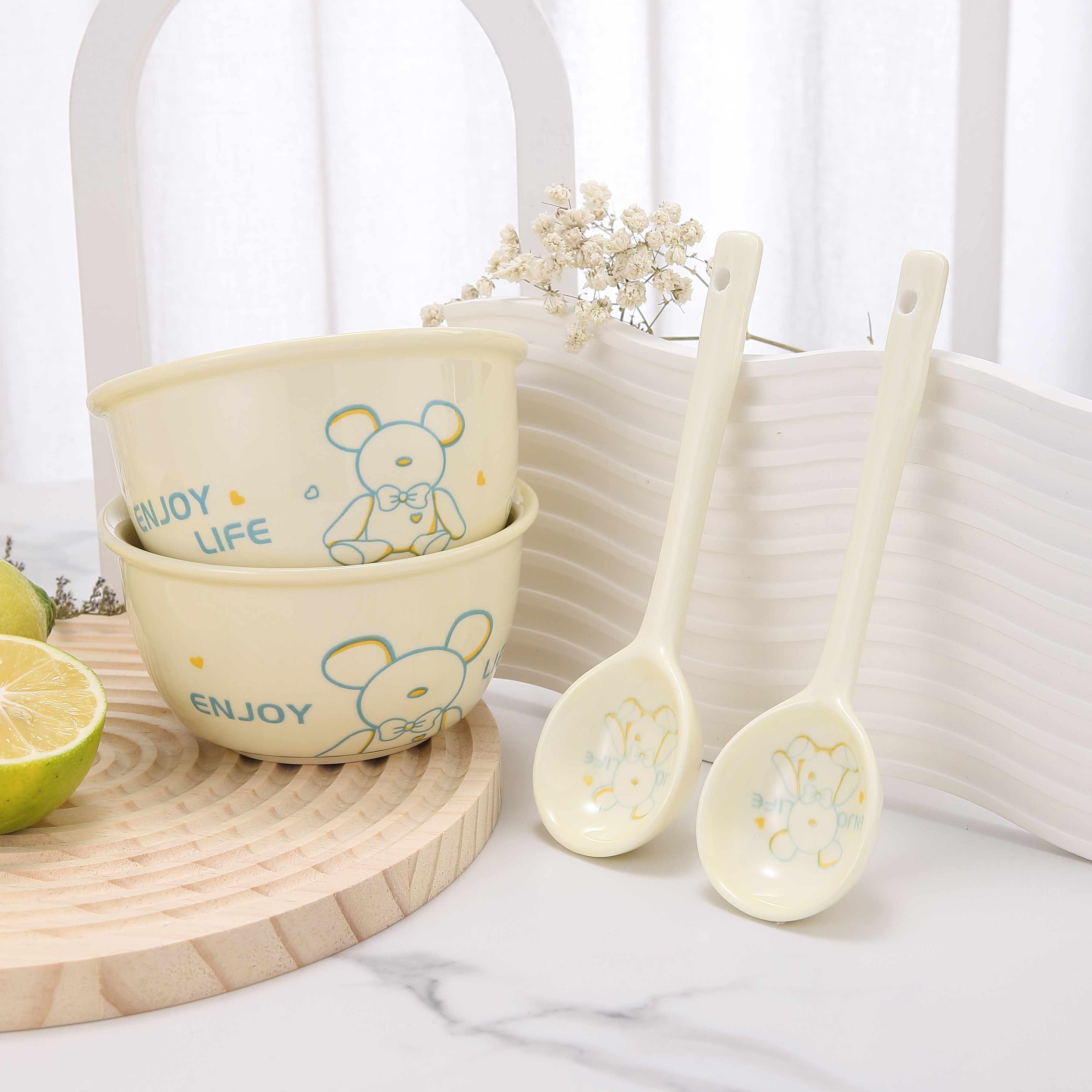 【简约熊2碗2勺】4.75英寸家用可爱米饭碗辅食碗陶瓷学生宿舍吃饭碗