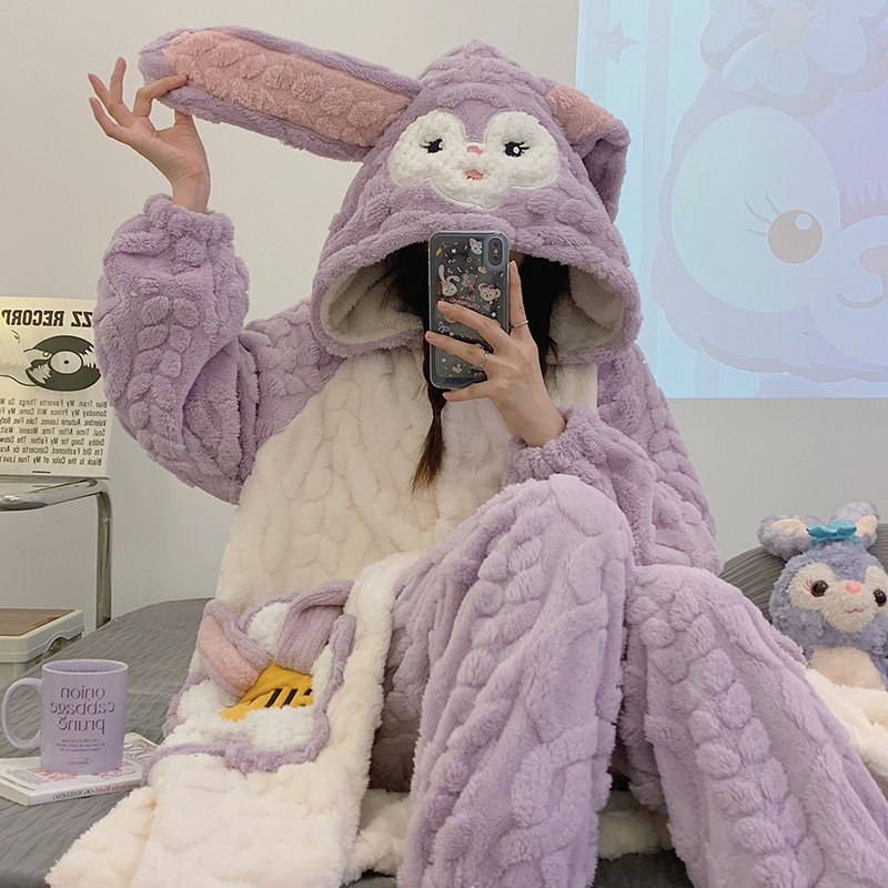 【绒款多款可选】秋冬季加绒加厚保暖连帽睡袍女士毛茸茸睡衣家居服