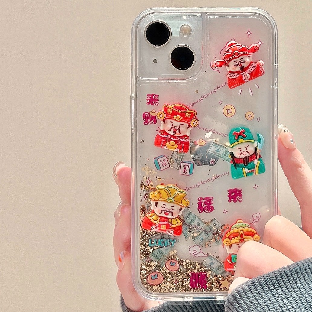 中国风财神爷适用iphone15Promax手机壳苹果14钞票流沙壳13女新款