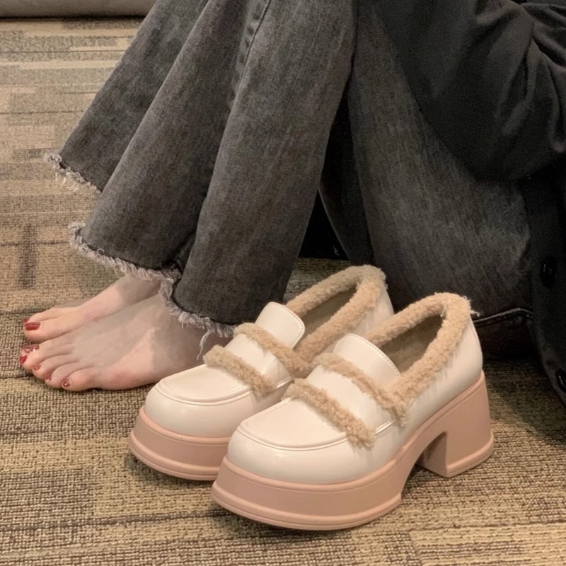 卡宾鼠皮鞋秋冬季加绒厚底增高防水台毛毛鞋玛丽珍鞋女保暖棉鞋女