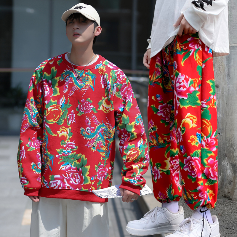 中国风东北大花套装男士秋冬季加绒加厚卫衣两件休闲裤团队服一套