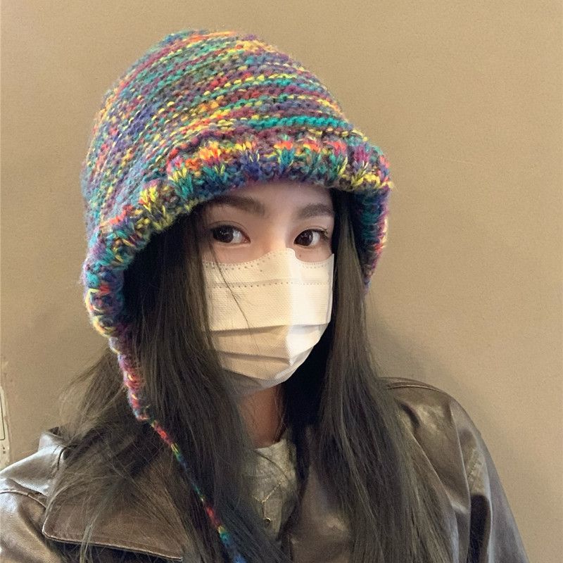 甜美保暖针织绑带彩虹帽子女款2023新款套头ins日系网红韩版时尚