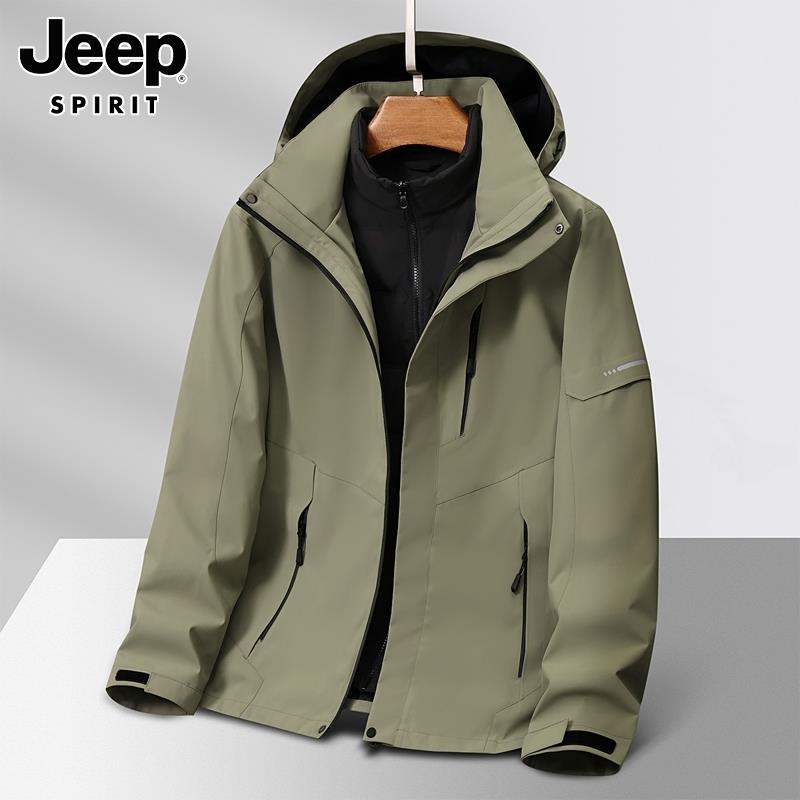 Jeep吉普冲锋衣男士户外冬季连帽三合一加厚登山服内胆工装外套男